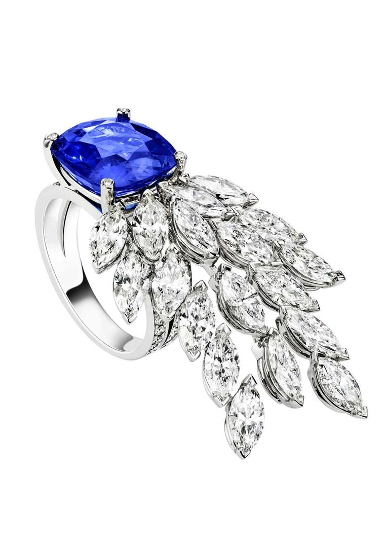 Piaget Extremely Piaget collection white gold ring set with one cushion cut 7.65ct blue sapphire, 18 marquise cut diamonds totalling 5.59ct and 48 brilliant cut diamonds.