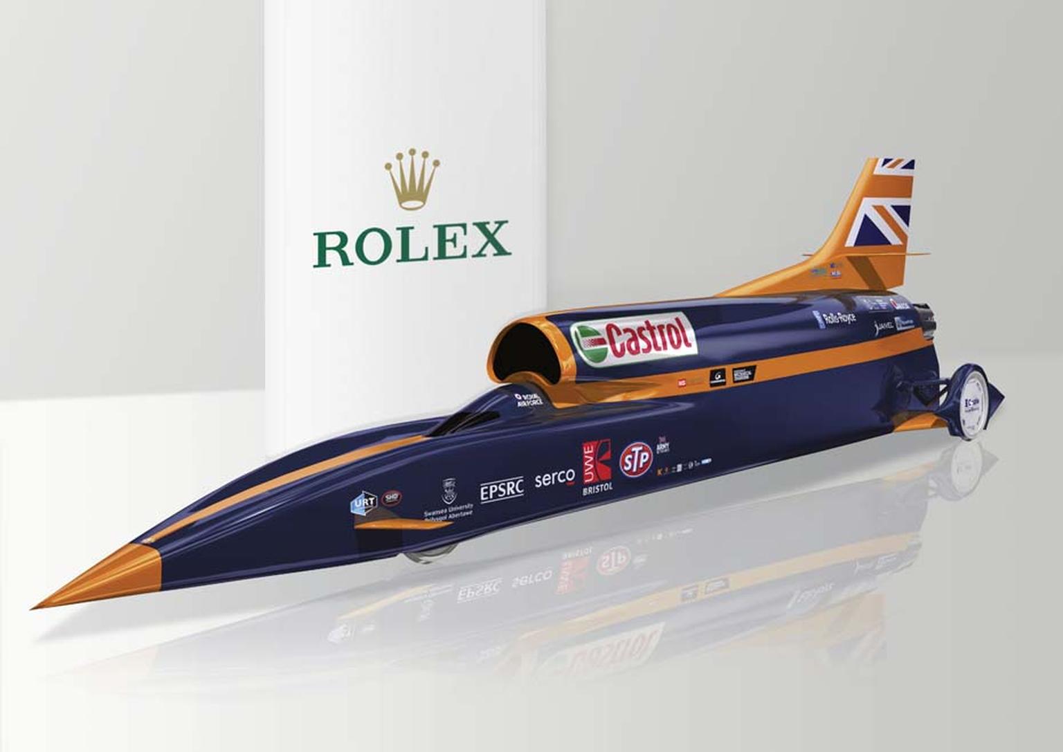 Ahead of a land speed record attempt planned for 2016, the Bloodhound SSC supersonic car travels at speeds of 130,000bhp generated by jet and rocket engines.
