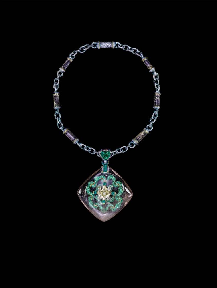 Wallace Chan Secret Abyss necklace featuring a 10.05ct yellow diamond, a 211.74ct rutilated quartz, emeralds, fancy coloured diamonds, amethysts and rutilated quartz.