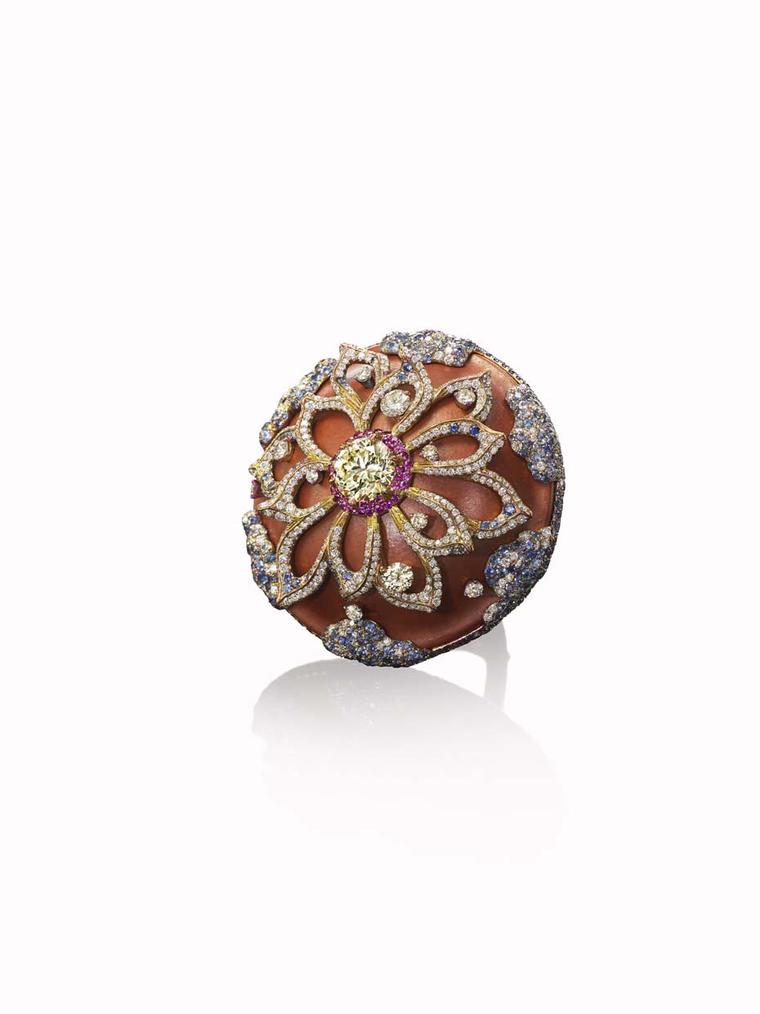 Wallace Chan Graceland ring featuring diamonds, pink sapphires and porcelain.