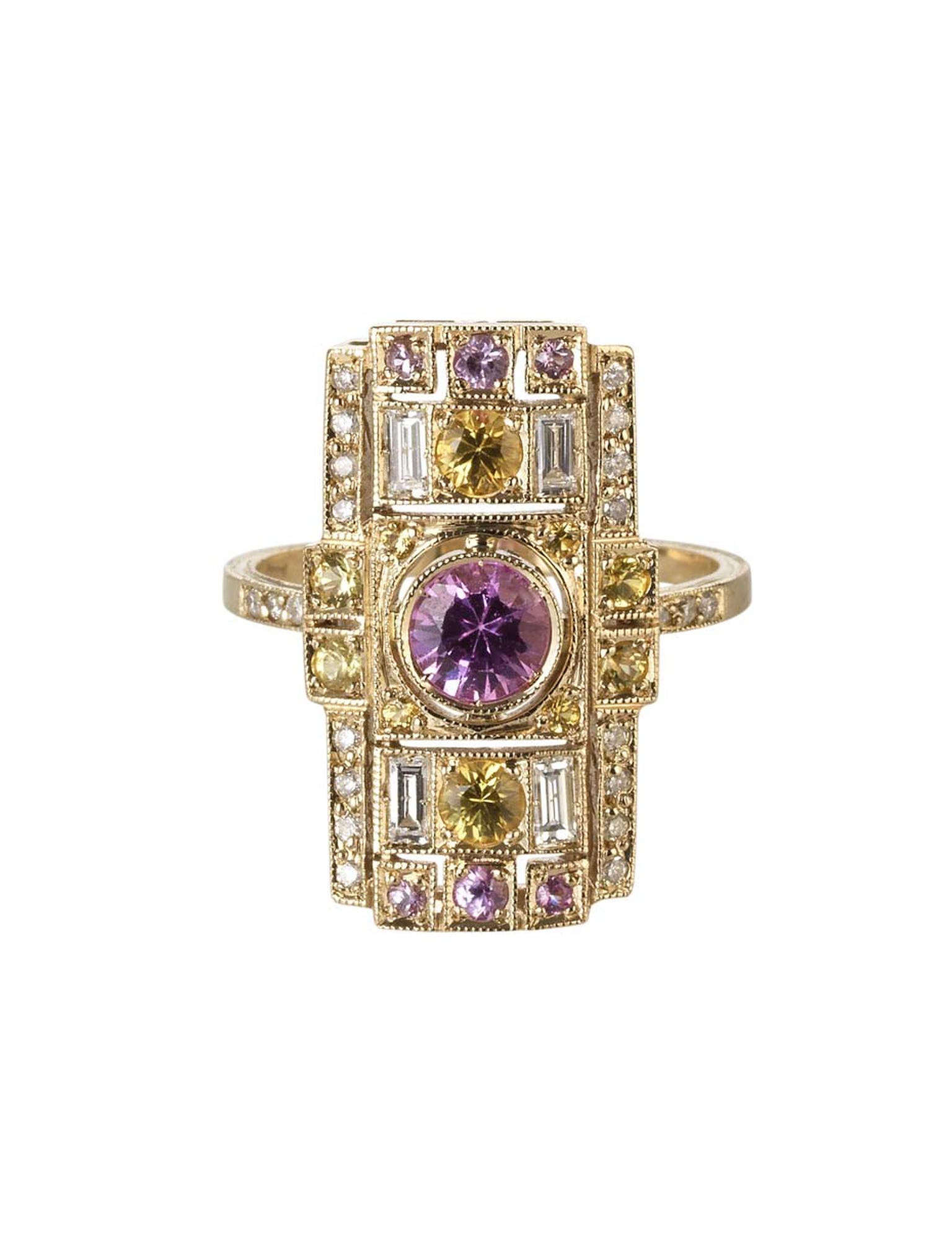 Sabine G for Latest Revival one-of-a-kind Harlequin yellow gold ring featuring pink and yellow sapphires and diamonds.