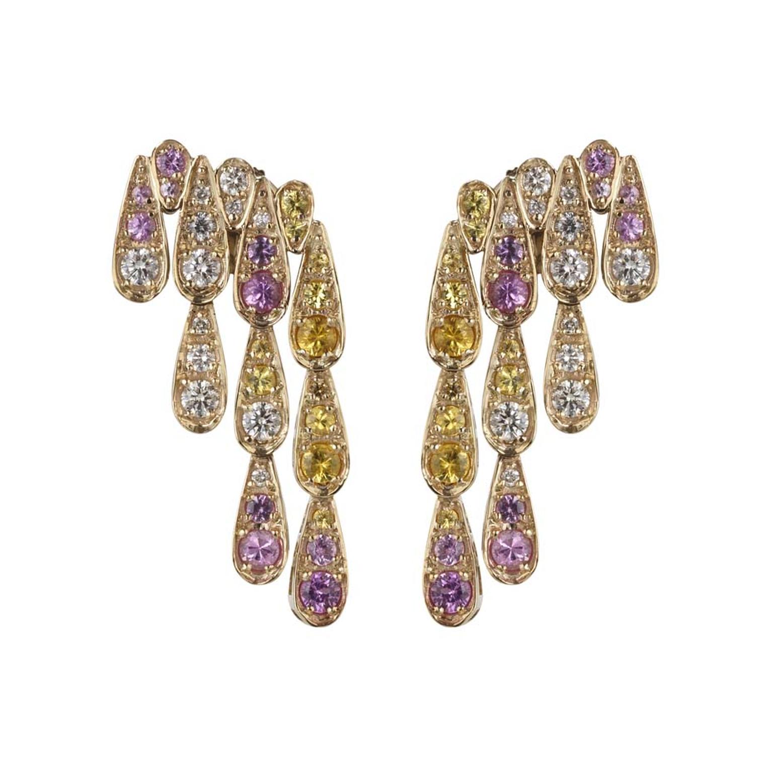 Sabine G for Latest Revival one-of-a-kind Harlequin yellow gold earrings featuring pink and yellow sapphires and diamonds.