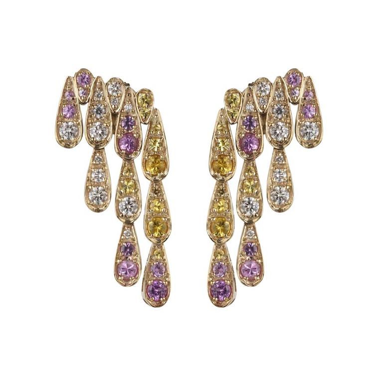 Sabine G for Latest Revival one-of-a-kind Harlequin yellow gold earrings featuring pink and yellow sapphires and diamonds.