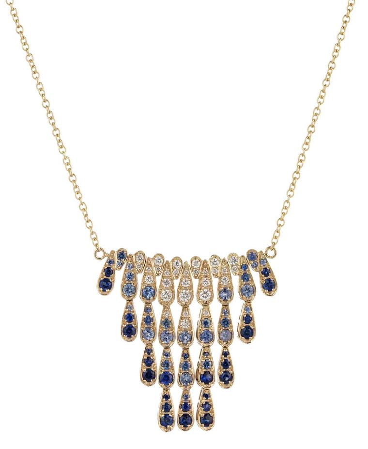 Sabine G for Latest Revival one-of-a-kind Harlequin yellow gold necklace featuring dark and light blue sapphires and diamonds.