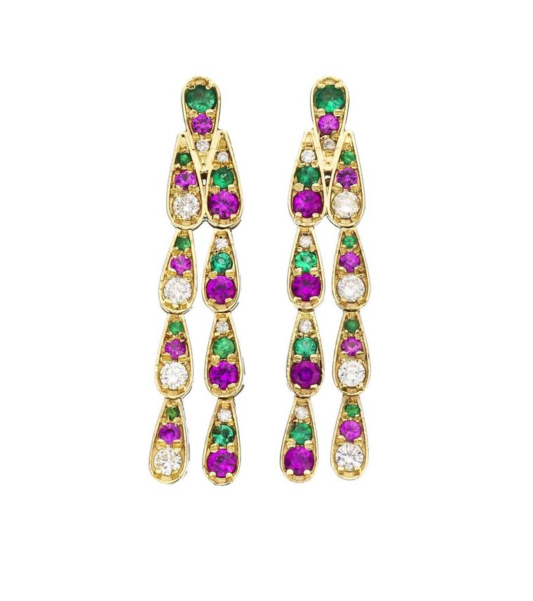 Sabine G Harlequin collection white gold earrings with white diamonds, emeralds and pink sapphires.