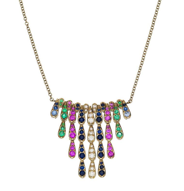 Sabine G Harlequin collection white gold pendant with white diamonds, sapphires, emeralds and pink sapphires.