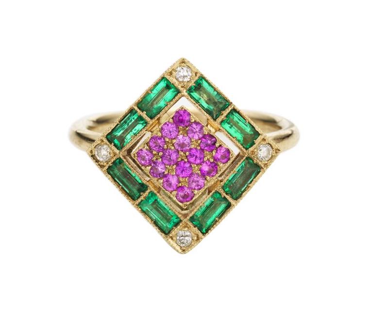 Sabine G Harlequin collection white gold ring with white diamonds, emeralds and pink sapphires.
