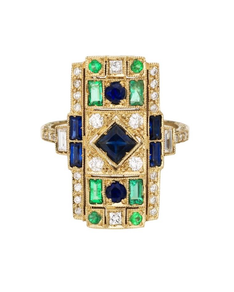 Sabine G Harlequin collection white gold ring with white diamonds, emeralds and sapphires.