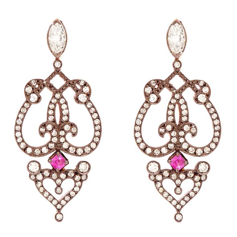Sabine G Relic collection rose gold Marquise earrings set with pavé diamonds, rubies and marquise and heart-shaped diamonds.
