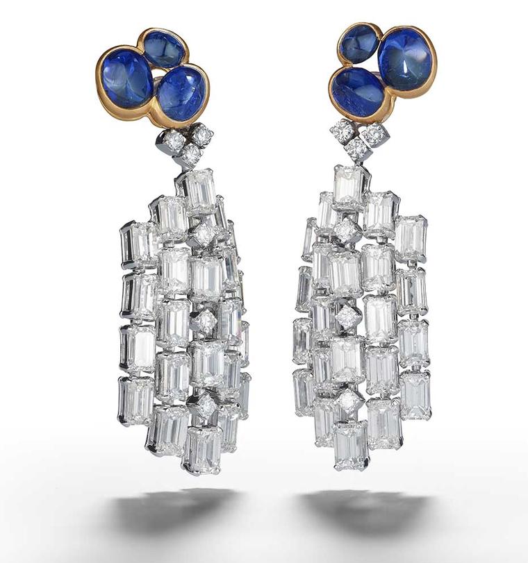 Alexandre Reza Atoll earrings featuring 8.56ct cabochon unheated Burmese sapphires, 22.00ct emerald-cut diamonds and brilliant-cut diamonds.