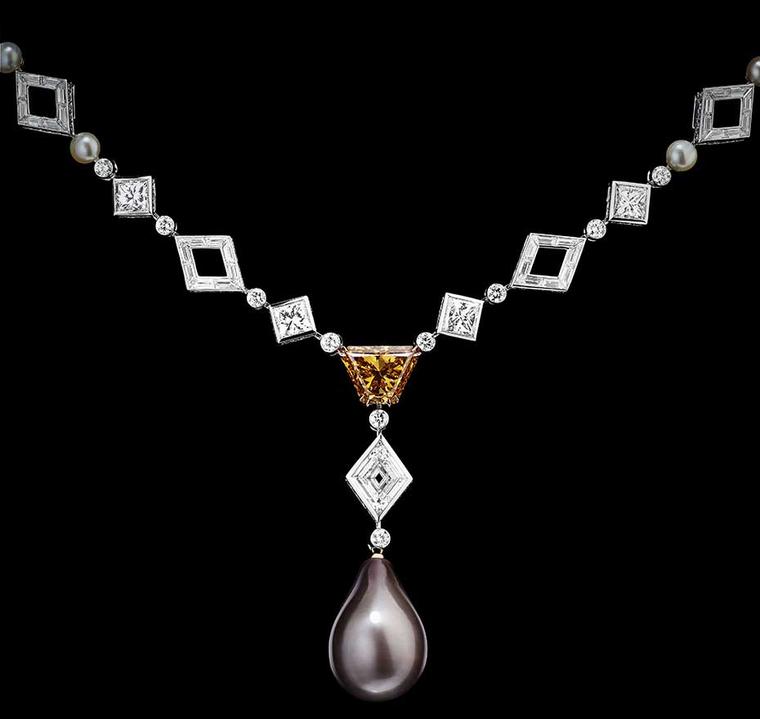Alexandre Reza L'Irremplacable necklace featuring an extraordinary natural grey drop-shaped pearl weighing 25.10ct, a 3.76ct Fancy deep orange-yellow diamond, princess, baguette and brilliant-cut diamonds, and 10 white natural pearls.