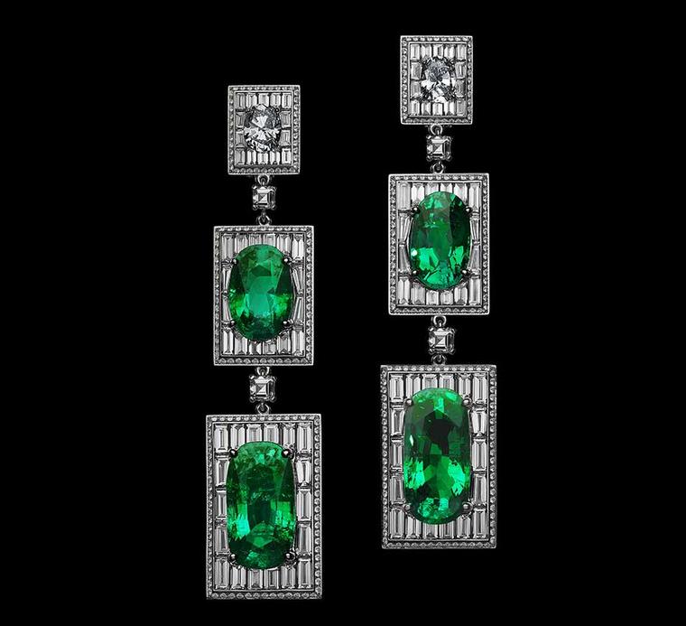 Alexandre Reza Old Mine emerald earrings with four oval-shaped Colombian emeralds weighing 51.84ct mounted with baguette-cut diamonds.