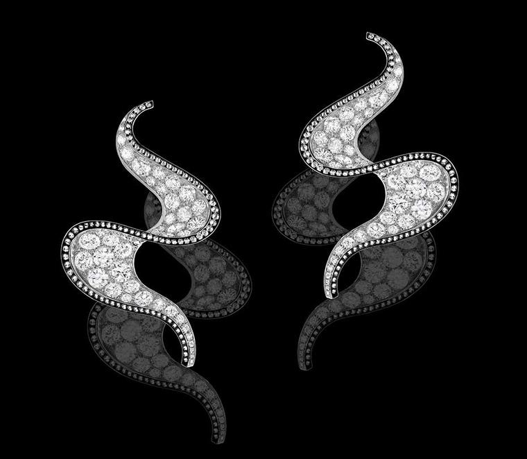 Alexandre Reza Spiral earrings in white and black rhodium gold set with 10.86ct brilliant-cut diamonds.
