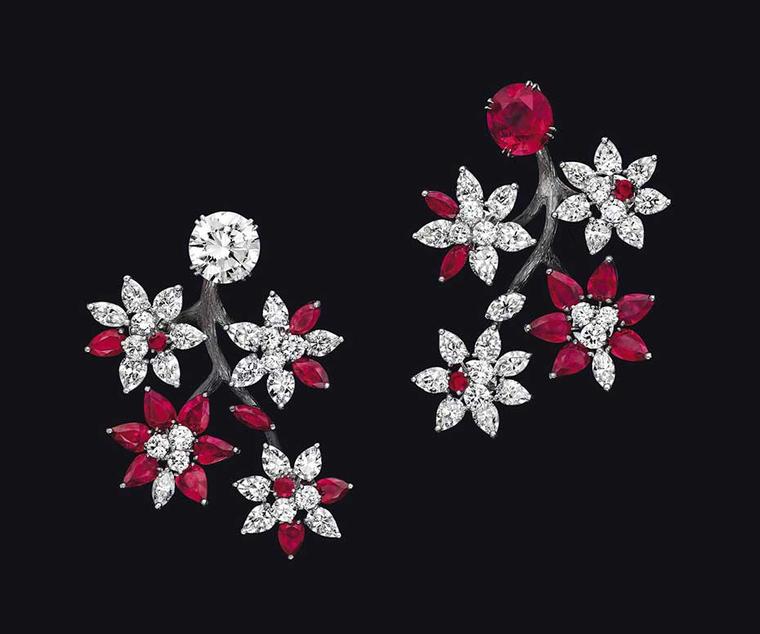 Alexandre Reza asymmetric tremblant style tree-blossom earrings with D flawless diamonds and untreated Burmese rubies set on blackened white gold.