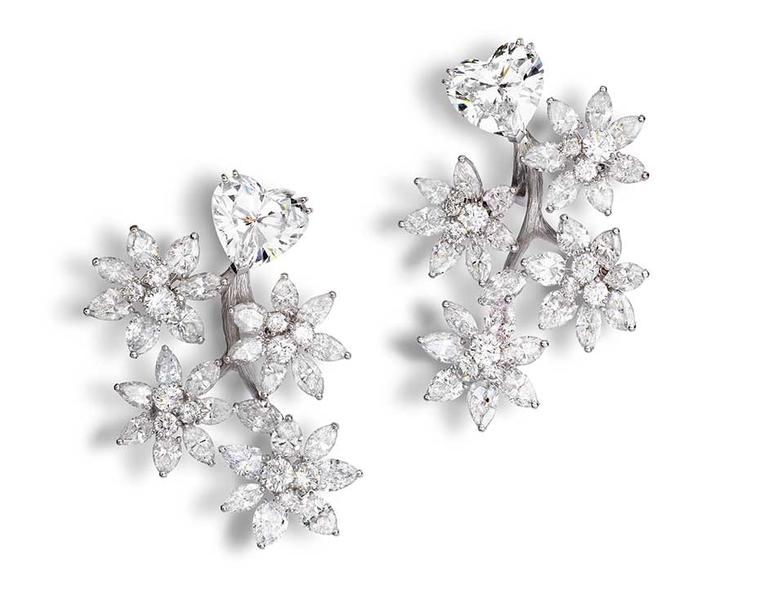 Alexandre Reza tremblant style tree-blossom earrings with two heart-shaped diamonds weighing 3.77ct and 4.01ct, pear-shaped diamonds, marquise-cut diamonds and brilliant-cut diamonds.