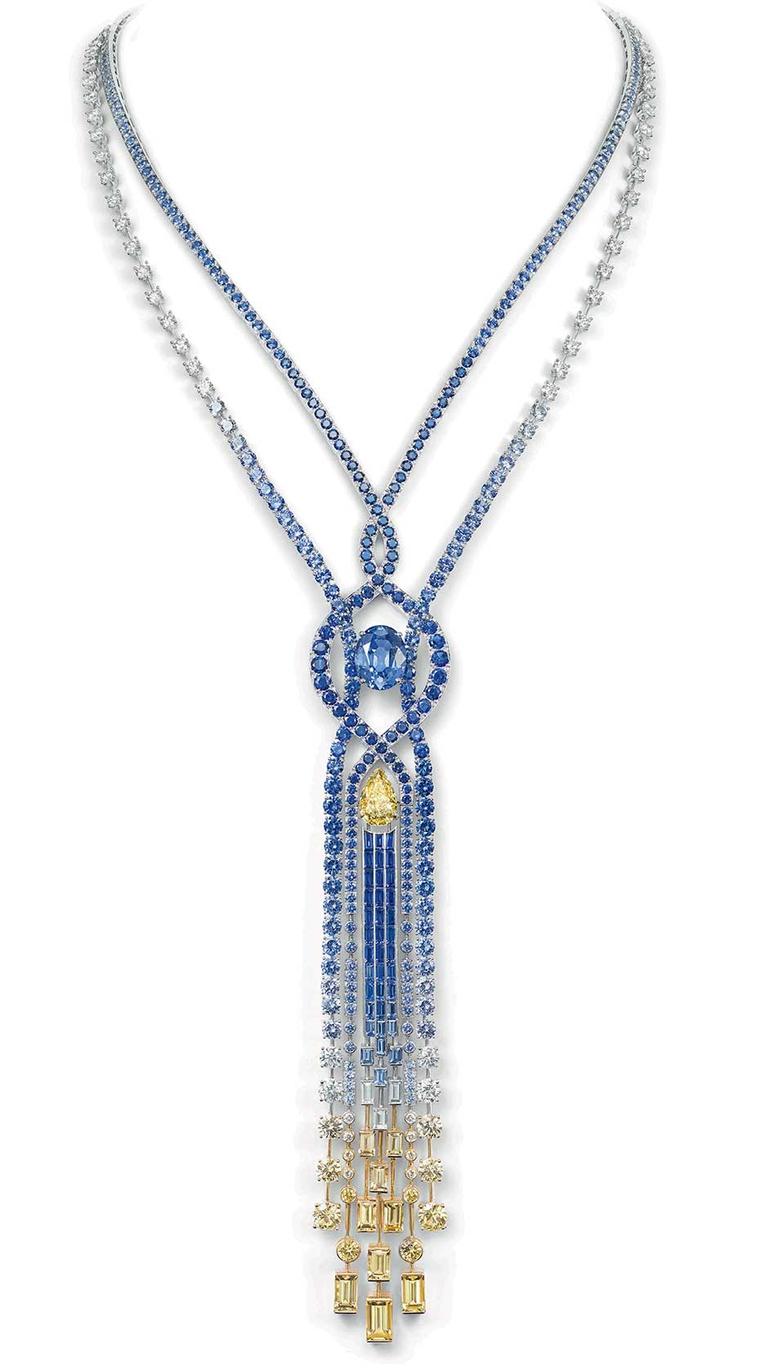 Chaumet Lumieres d’Eau high jewellery necklace in white and yellow gold set with an oval-cut blue sapphire from Ceylon of 10.23ct, a pear-shaped VVS1 Fancy Yellow diamond of 3.77ct, blue and yellow sapphires, and diamonds.