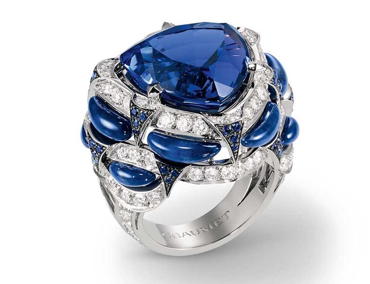 Chaumet Lumieres d’Eau high jewellery ring in white gold, set with a 16.50ct troidia-cut tanzanite, round sapphires, lapis lazuli and brilliant-cut diamonds.