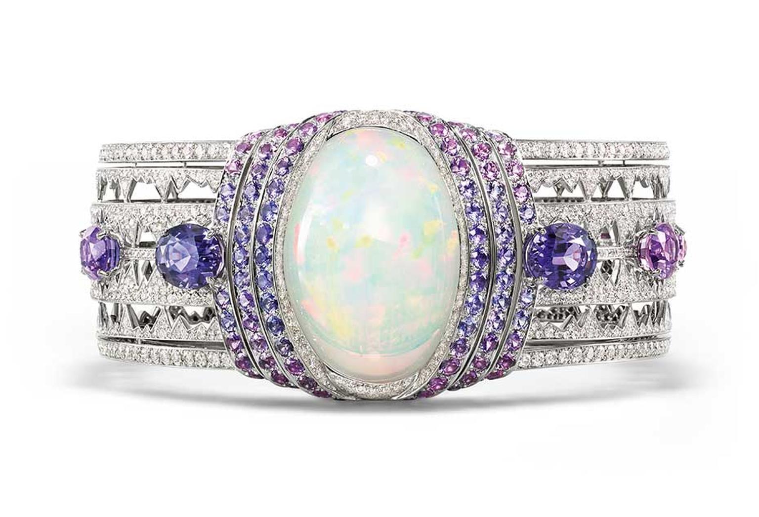 Chaumet bracelet in white gold set with a 39.05ct cabochon-cut white opal from Ethiopia, brilliant-cut diamonds, oval-cut violet sapphires from Ceylon and Madagascar and round violet sapphires, from the Lumieres d’Eau high jewellery collection.
