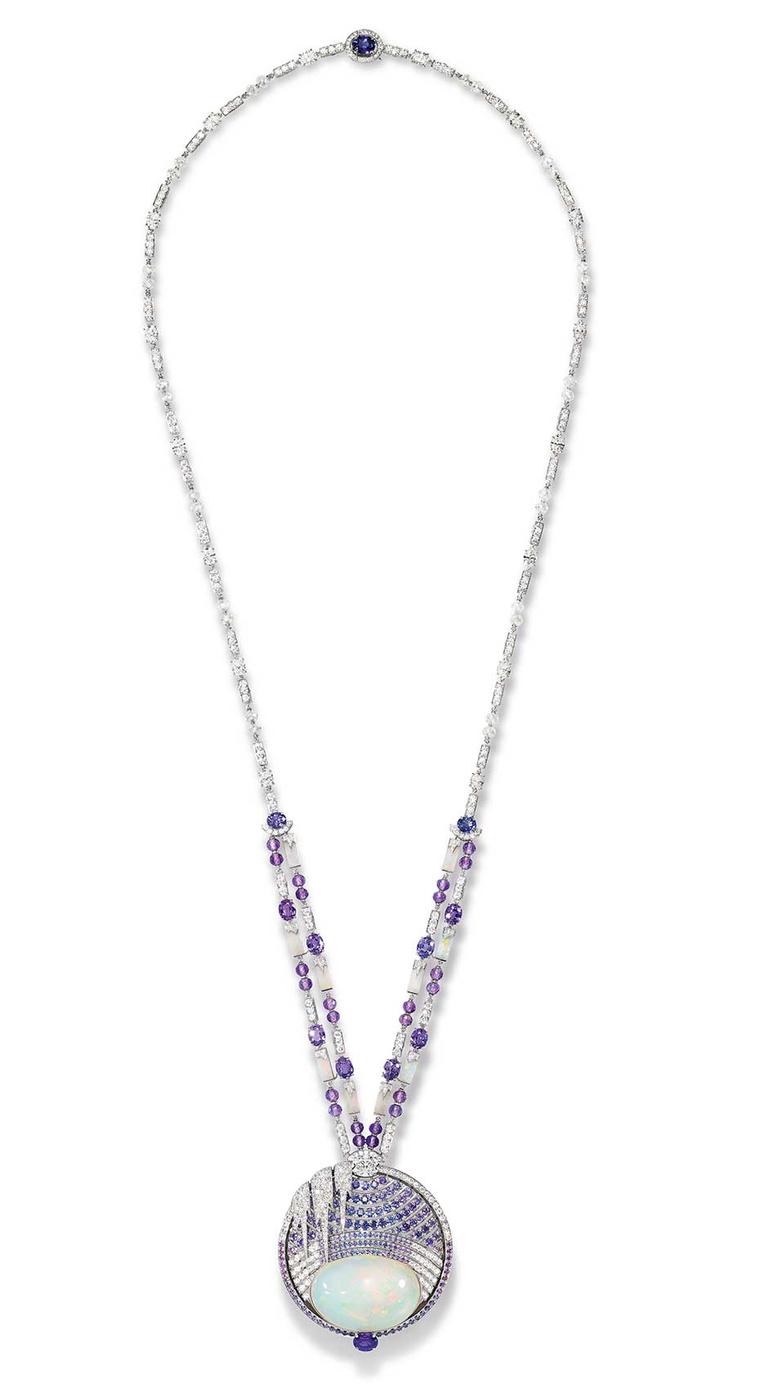 Chaumet Lumieres d’Eau high jewellery necklace in white gold, created for the Biennale des Antiquaires in Paris, set with a 59.58 ct cabochon-cut white opal and opal motifs from Ethiopia, round and oval-cut violet sapphires from Ceylon and Madagascar, ova