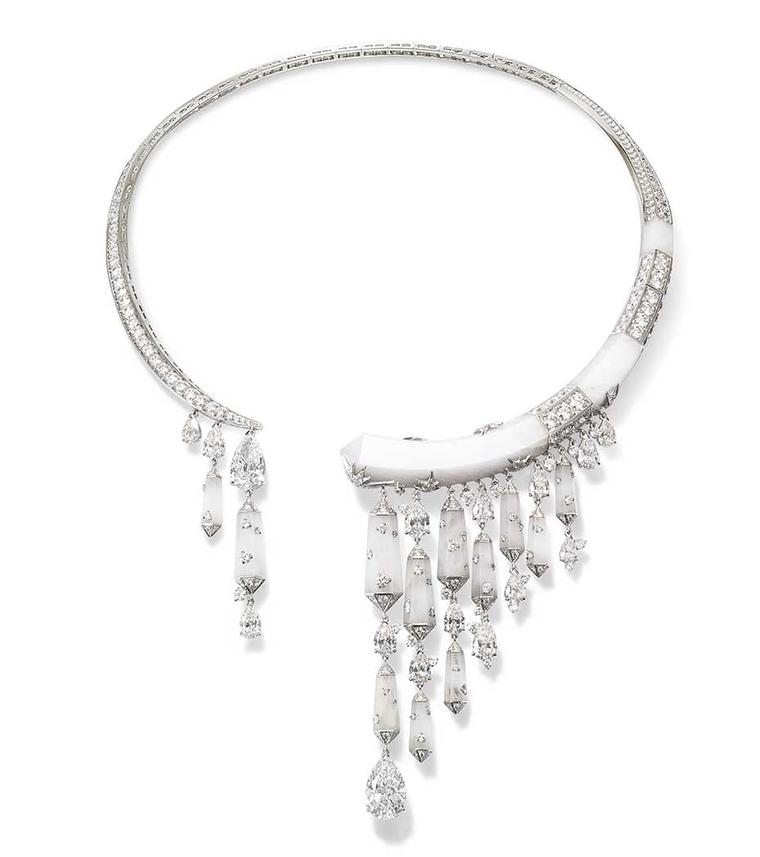 Chaumet Lumieres d’Eau high jewellery necklace in white gold, frosted rock crystal and diamonds.