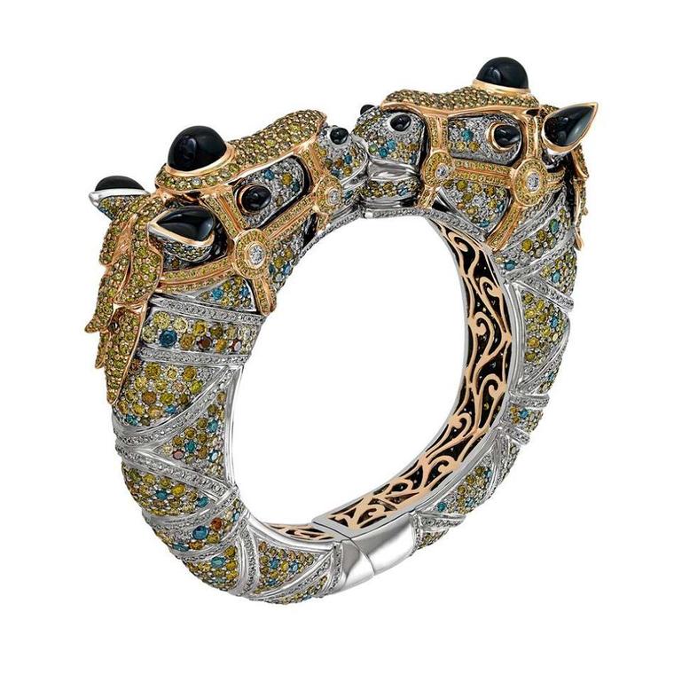 Zorab Atelier de Creation Carousel Kissing Horses bracelet with black, white, green, yellow and fancy coloured diamonds, palladium, gold and spinel.