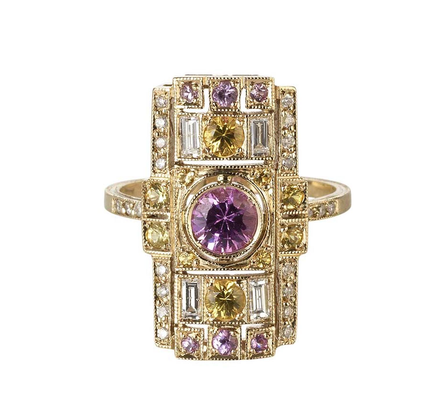 Sabine G for Latest Revival one-of-a-kind Harlequin yellow gold ring featuring pink and yellow sapphires and diamonds.