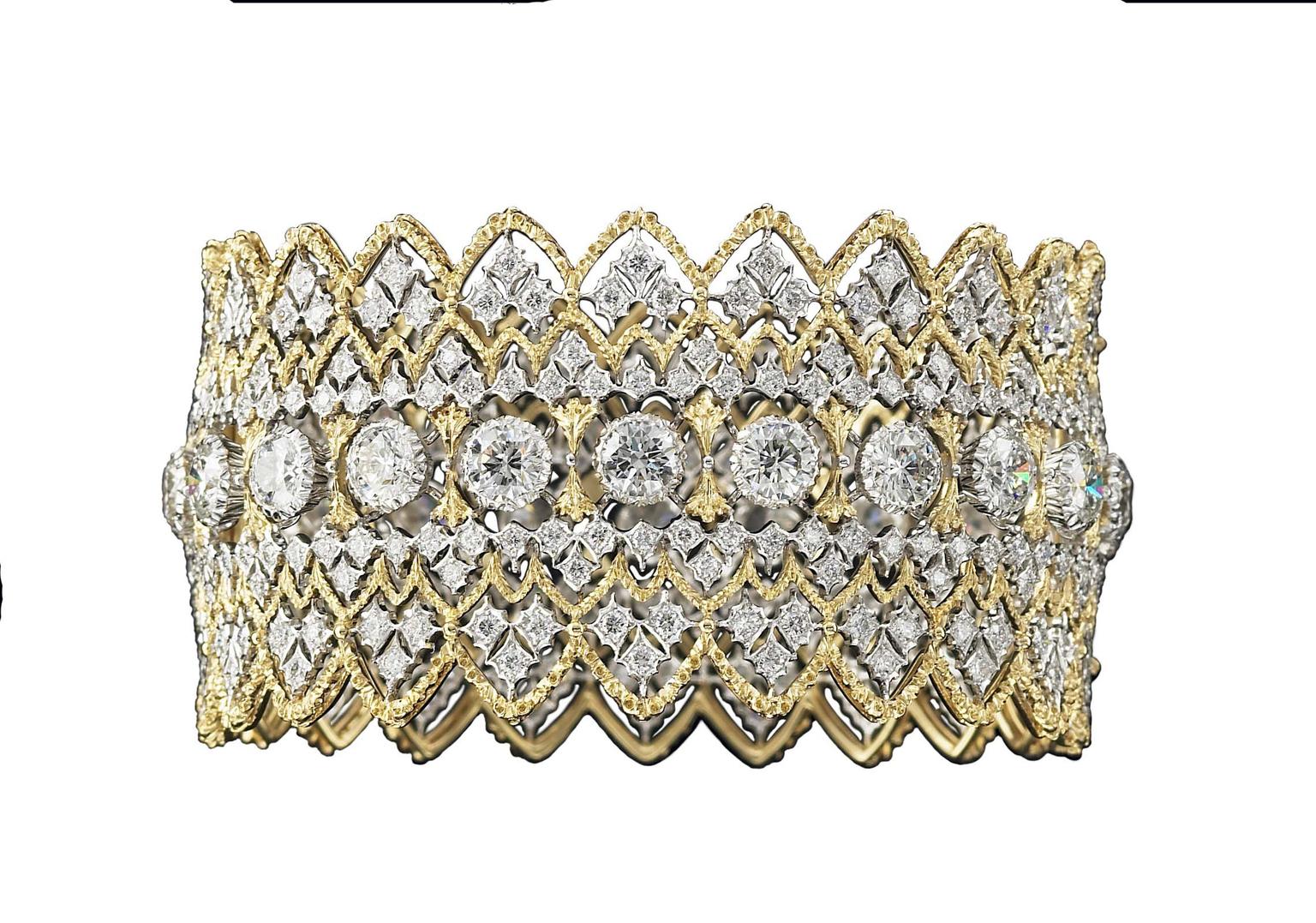 Buccellati gold lace-effect cuff bracelet with diamonds.