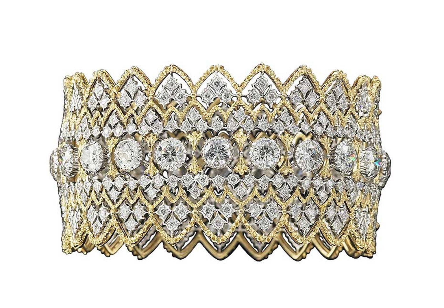 Buccellati gold lace-effect cuff bracelet with diamonds.