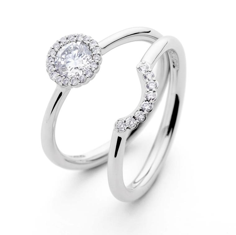 Andrew Geoghegan Cannelé engagement ring and wedding band in white gold with diamonds.