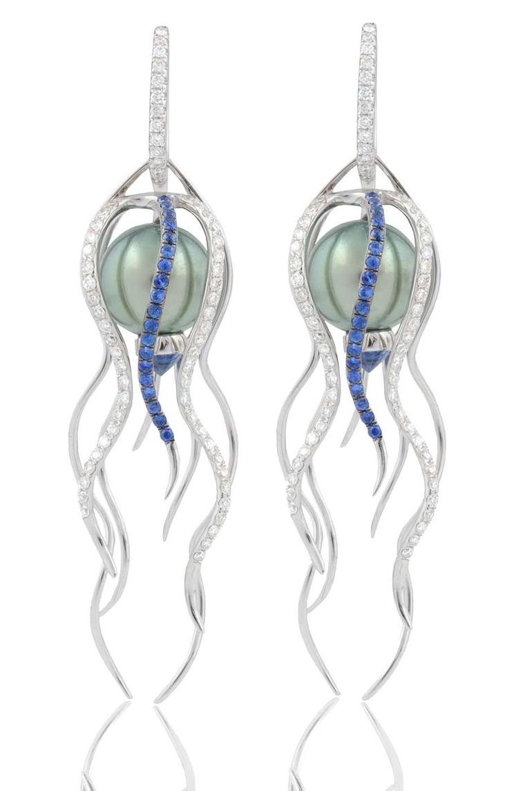 Leyla Abdollahi Doris earrings with Tahitian pearls, diamonds and sapphires.
