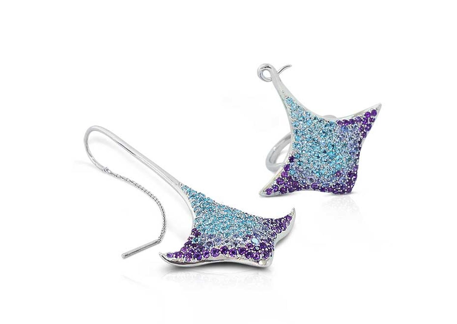 Phioro Aquaray earrings with topaz, tanzanite and amethyst.