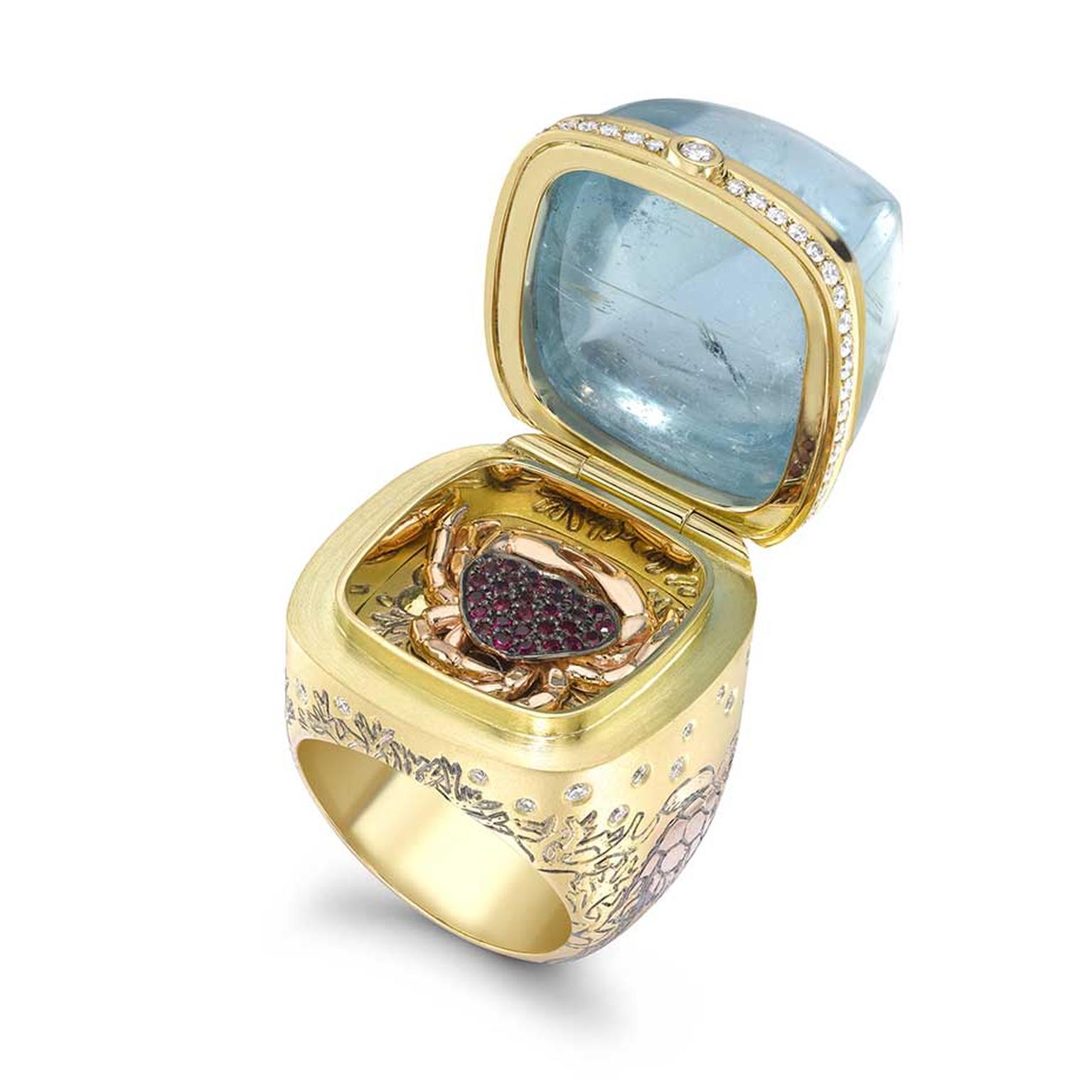 Theo Fennell Hermitage opening ring in yellow, rose and white gold with a 64.53ct cabochon aquamarine, rubies and diamonds.