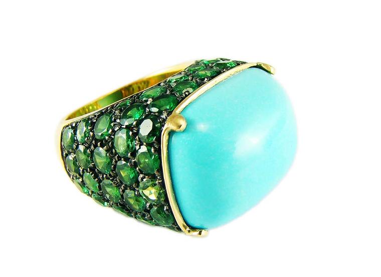 Corrado Giuspino's turquoise cabochon and tsavorite ring, with matching earrings, was created specially for summer 2014.