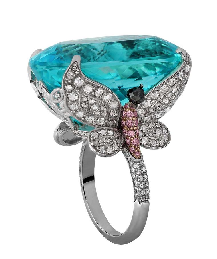 Jacob & Co. tourmaline ring featuring a 48.27ct natural Paraiba tourmaline the colour of a tropical sea, flanked by two butterflies set with white and pink diamonds.