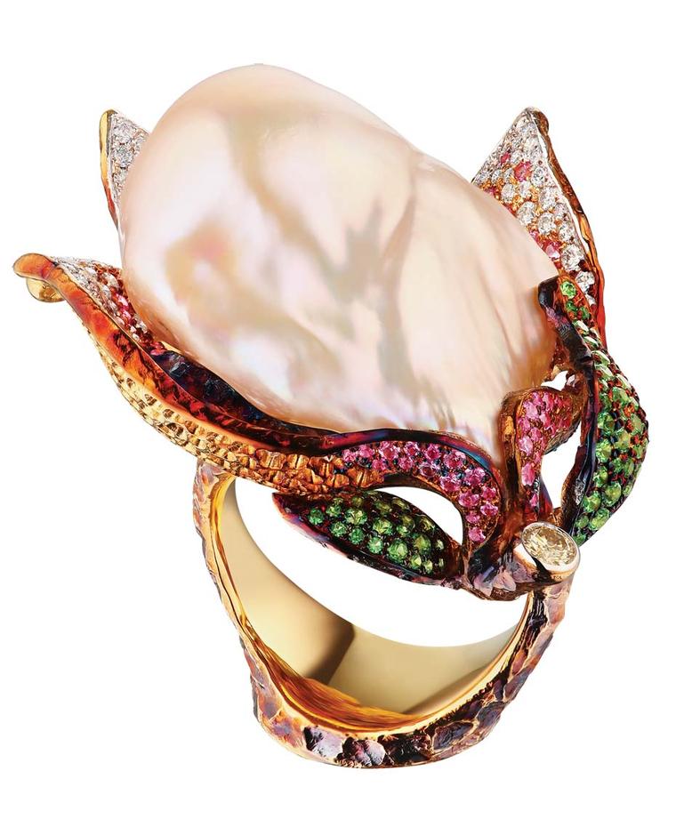 Jewellery Theatre's Magnolia ring, set with a one-of-a-kind baroque pearl, diamonds and coloured gemstones.