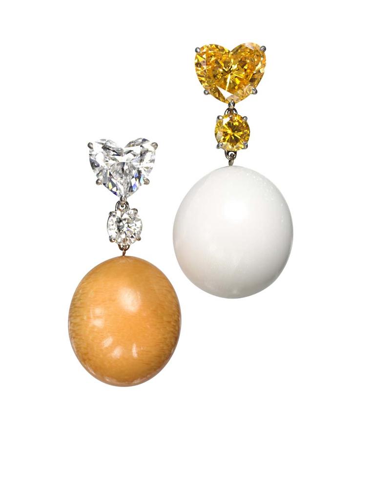 Bogh-Art Moi-Toi pearl earrings featuring one melo and one clam pearl paired with diamonds in contrasting colours for a purposely mismatched look.