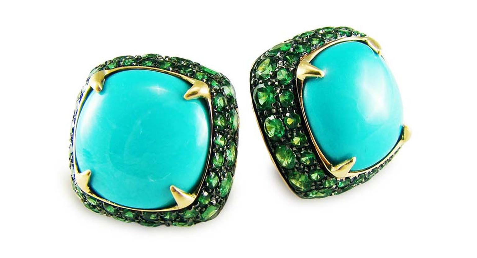 Inspired by the azure sea, Corrado Giuspino’s earrings feature tsavorites surrounding a central turquoise stone.