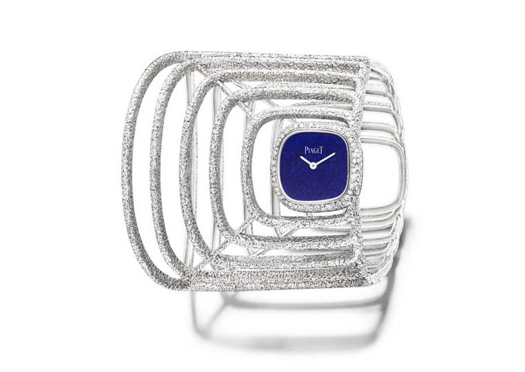 Piaget's Extremely Piaget collection watch cuff made from hammered white gold set with 236 brilliant-cut diamonds and a natural lapis lazuli dial.
