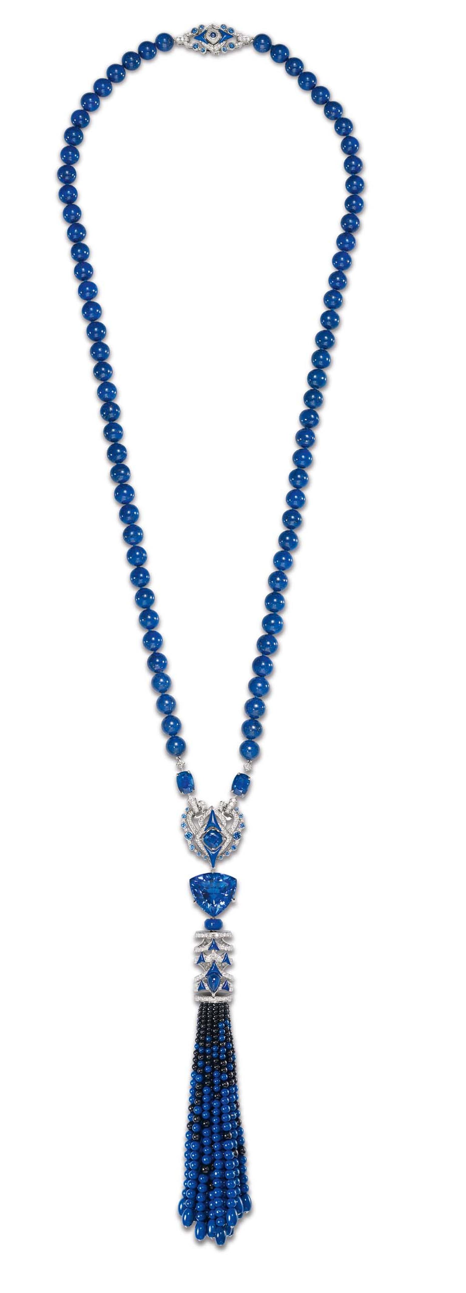 Chaumet Lumières d'Eau collection diamond necklace embellished with a pompom of graded lapis lazuli and black spinels.