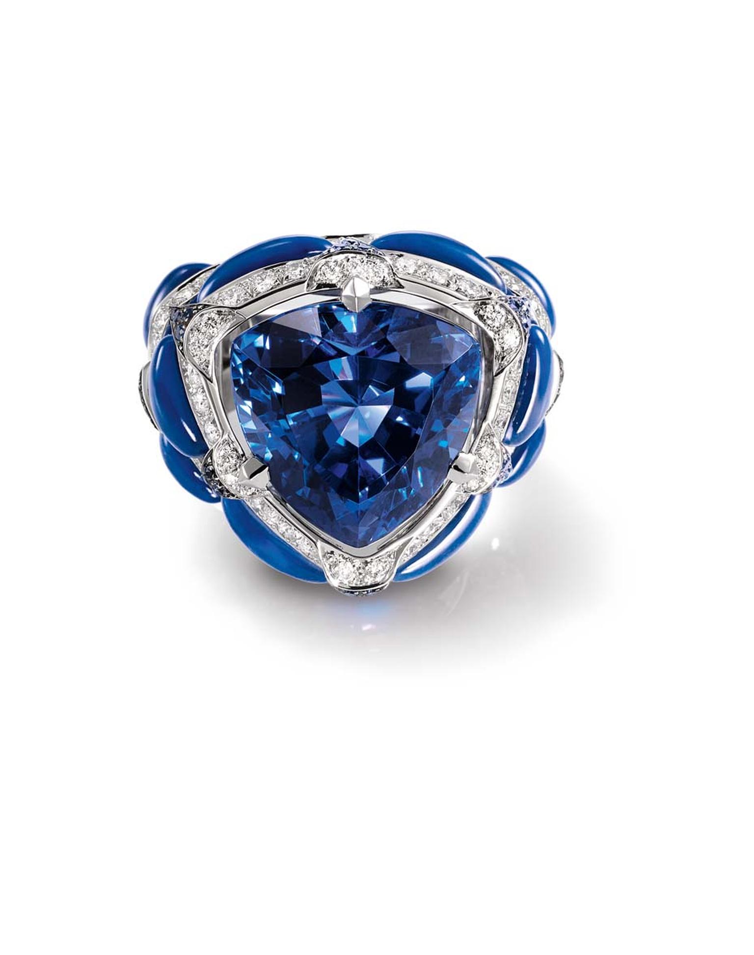 Chaumet Lumières d'Eau collection ring featuring diamonds, tanzanite and sculpted lapis lazuli.