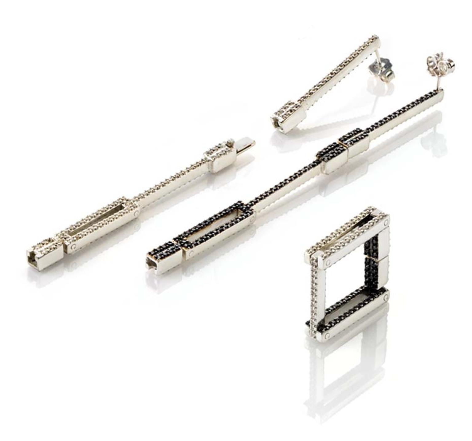 This MyriamSOS Combinations Square Eternity ring with white or black diamonds can be transformed into drop earrings.