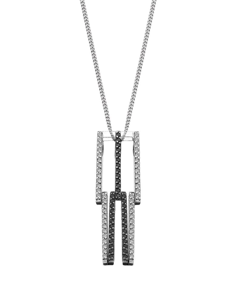 MyriamSOS Transformers In/Out Square pendant in white palladium gold with white and black diamonds. The pendant can be worn in 18 different ways (see right).
