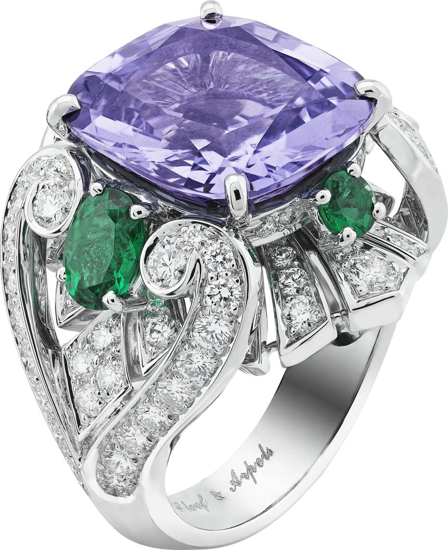 Van Cleef & Arpels Peau d'Ane white gold The Enchanted Forest collection Flower Night ring featuring diamonds, oval and round cut emeralds and a central 10.45ct  purple cushion cut spinel.