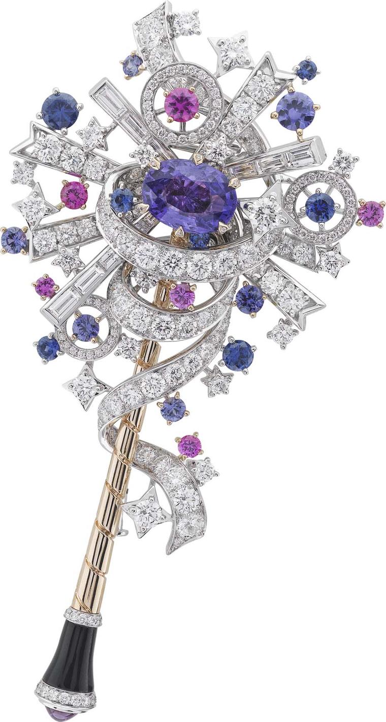 Van Cleef & Arpels Peau d'Ane Enchanted Forest collection wand in white and pink gold with a central purple sapphire, round diamonds, baguette-cut pink, purple and blue sapphires and onyx.