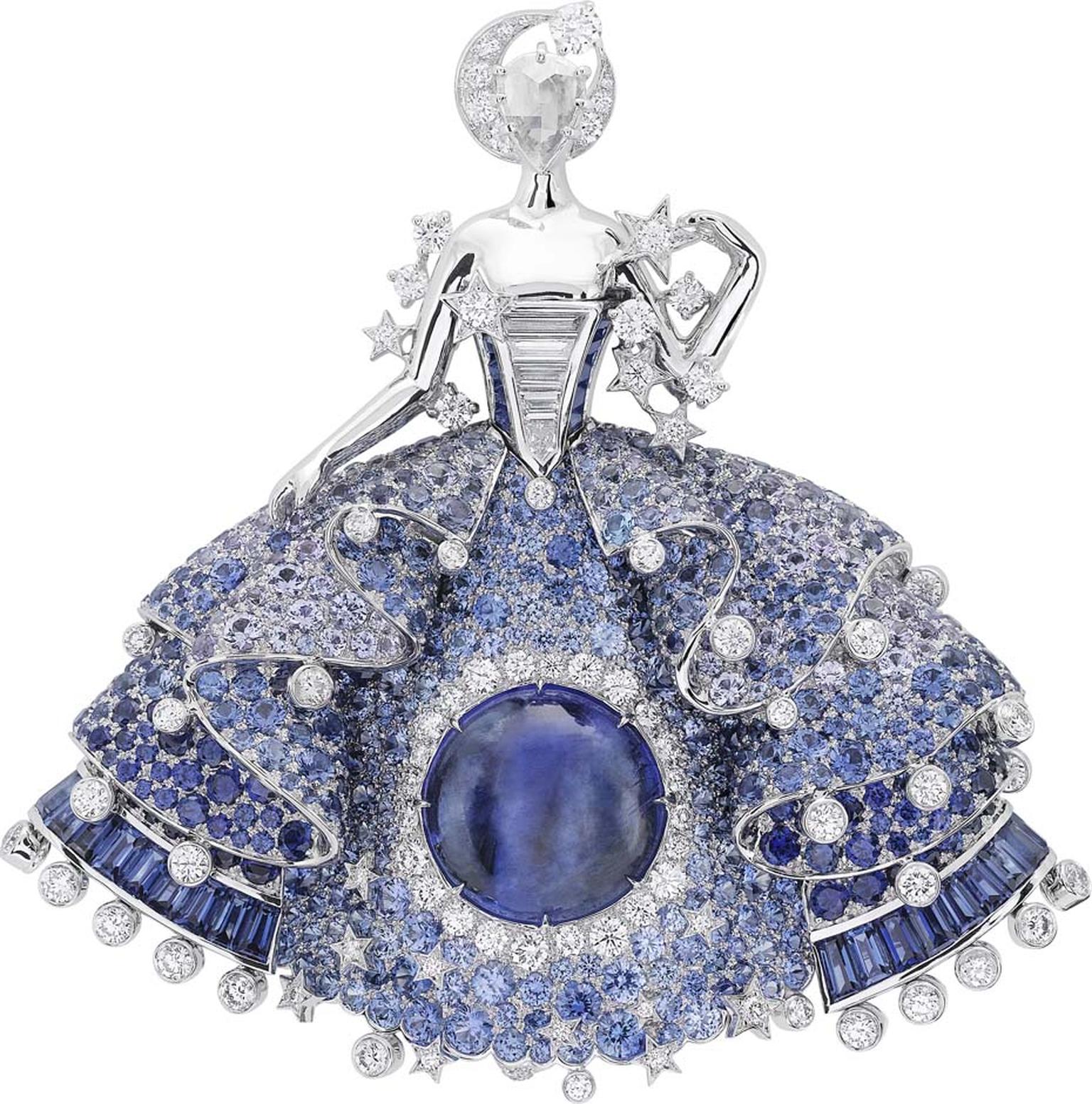 Van Cleef & Arpels Peau d'Ane Enchanted Forest collection Fairy clip in white gold with a central 11ct blue cabochon tanzanite, round, baguette and pear-cut diamonds, round and baguette-cut sapphires, blue spinel and blue and violet tanzanites.