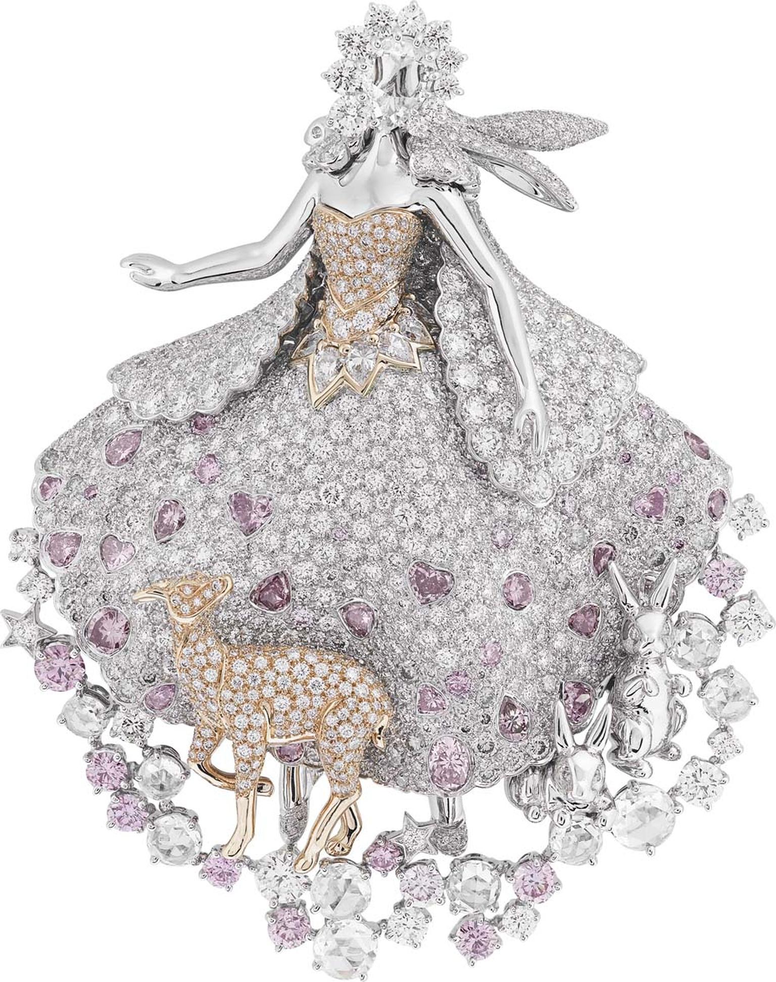 Van Cleef & Arpels Peau d'Ane Enchanted Forest collection Donkey Skin clip in white gold with round, square and pear-cut white, pink and grey diamonds.