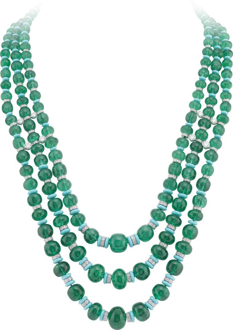 Van Cleef & Arpels Peau d'Ane Enchanted Forest collection necklace in white gold with 188 emerald beads totalling 555.37ct, round diamonds, round and pear-cut sapphires, emeralds, malachite and turquoise.