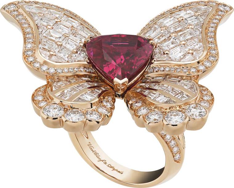 Van Cleef & Arpels Peau d'Ane Happy Marriage collection Ruby Butterfly ring in rose gold with a central 5.76ct pear-shaped ruby, round diamonds and square and baguette-cut rubies.