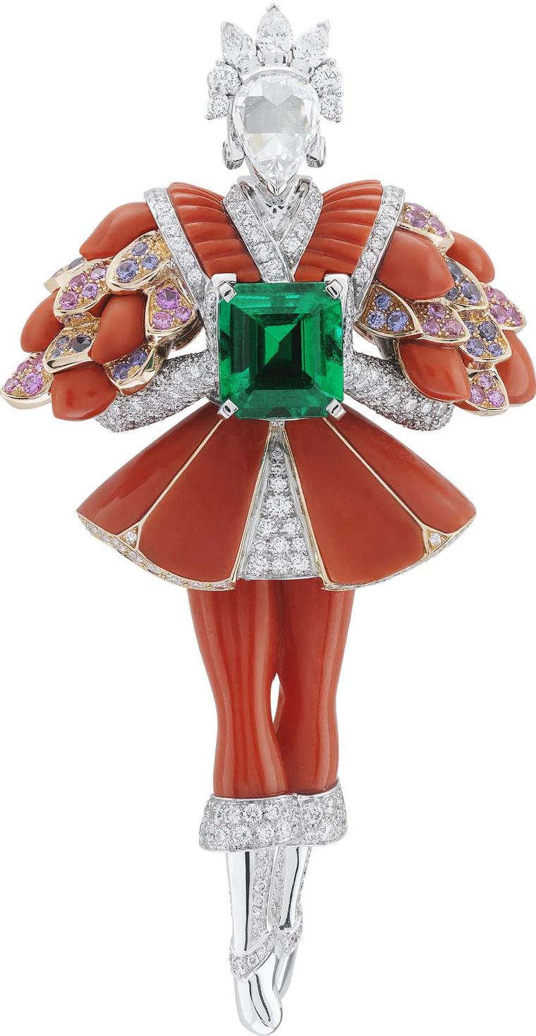 Van Cleef & Arpels Peau d'Ane Happy Marriage collection Red Prince clip in white and pink gold with a central emerald cut emerald, pink and purple sapphires, red coral and white and pink diamonds.