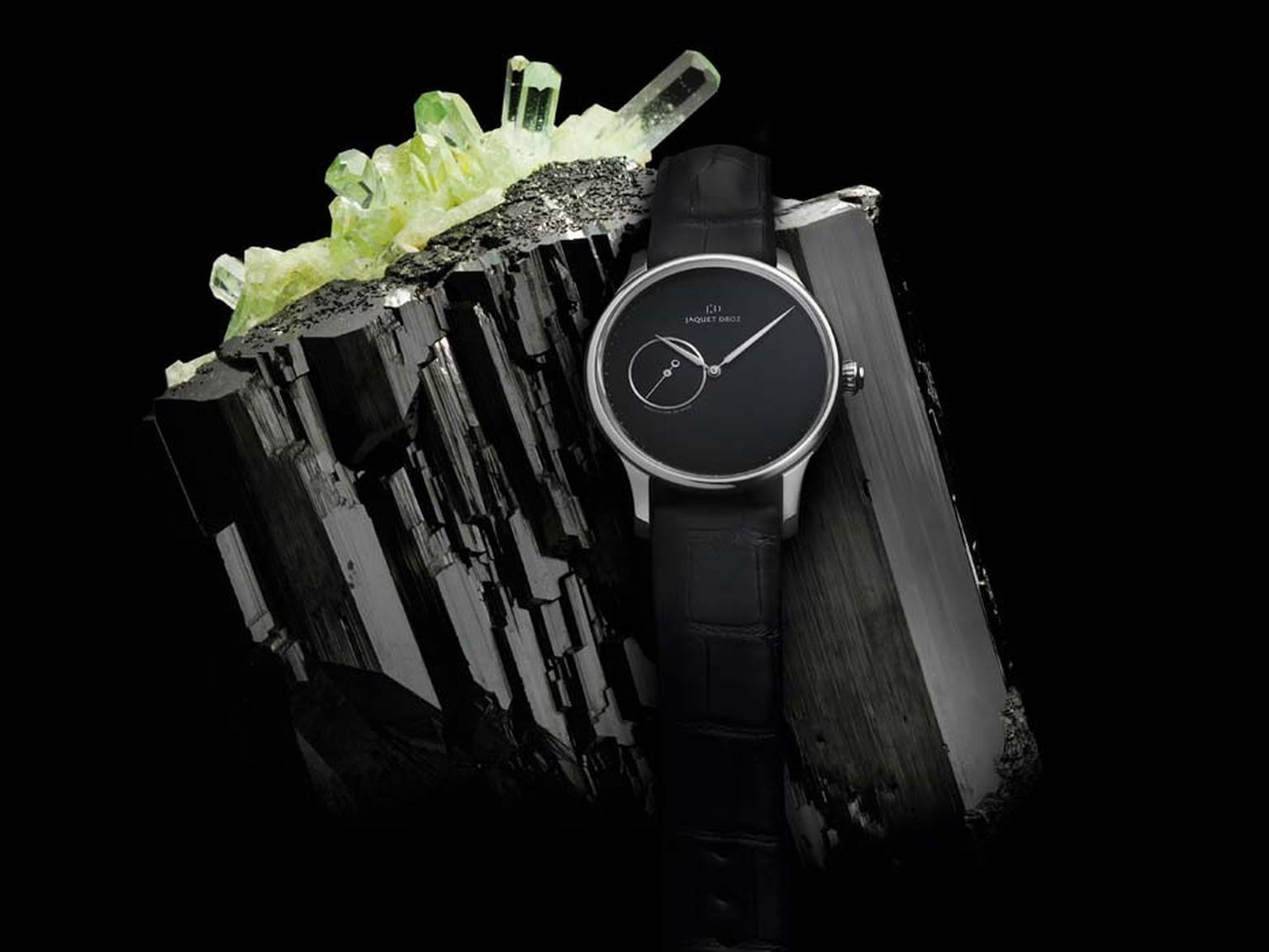 Jaquet Droz Minerals collection Grande Heure Minute watch with an onyx dial.